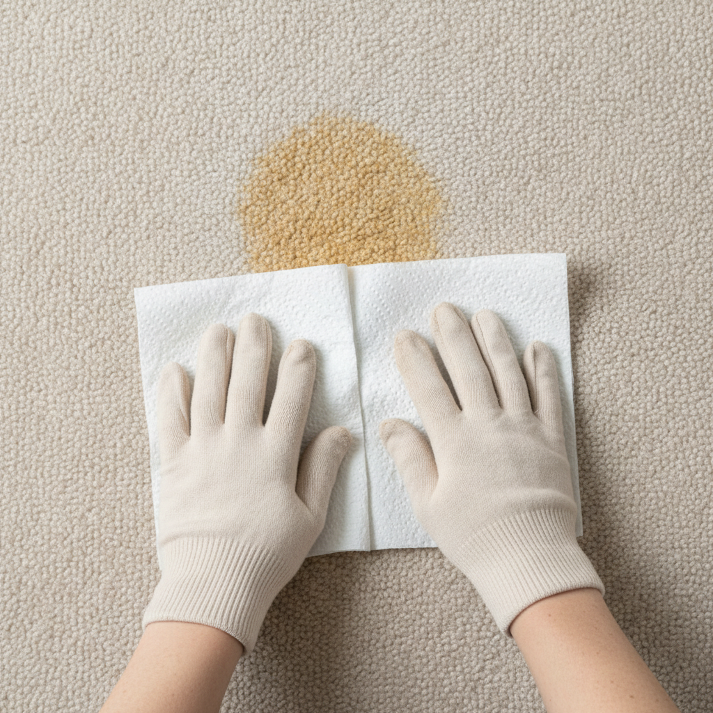 A close-up, high-angle professional photo shows a small, fresh, yellowish-brown stain of dog urine on a light beige, short-pile carpet. A person's hands, wearing light-colored gloves, are gently pressing several layers of clean, white paper towels onto the wet spot, effectively absorbing the liquid. The surrounding carpet is pristine, highlighting the contrast with the damp, stained area. The focus is on the action of absorption and the initial cleanup, emphasizing prompt intervention.