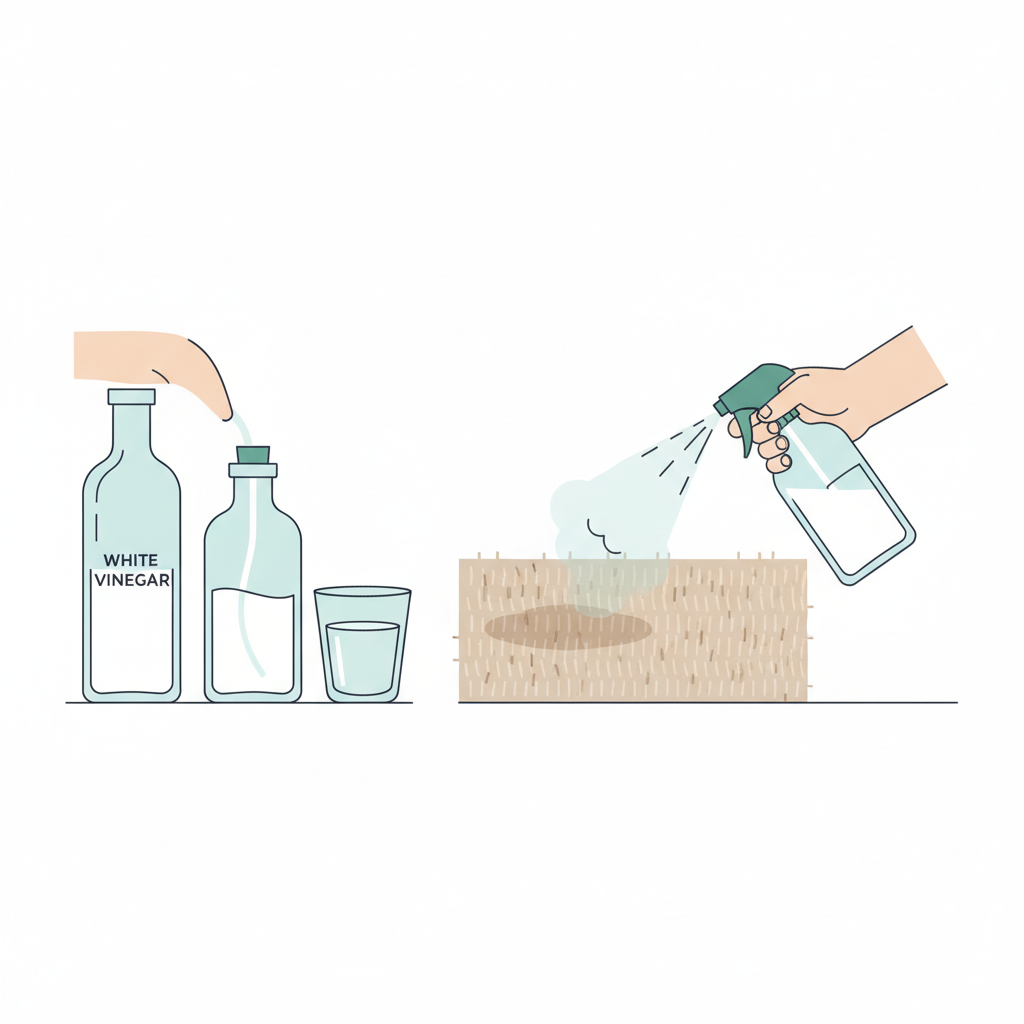 A flat illustration in a clean, modern style depicts the preparation and application of a homemade cleaning solution. A clear spray bottle, filled halfway with a transparent liquid, is shown next to two ingredients: a bottle of white vinegar and a glass of water. A hand is holding the spray bottle, aiming a fine mist towards a small, circular, damp area on a carpet. The overall scene suggests an easy, DIY cleaning process for eliminating stains and odors, with an emphasis on simplicity and effectiveness.