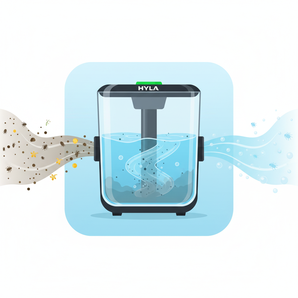 A vibrant, detailed flat illustration in an infographic style depicting the Hyla cleaning machine's unique water filtration system. The image should show the sleek, modern Hyla device. On one side, a stream of dusty, pollutant-filled air (represented by small, diverse particles like dust mites, pollen, and general dirt) flows towards the machine's intake. Inside a transparent section of the machine's water tank, these particles are visibly swirling and being completely submerged and trapped within a vortex of clean water. On the opposite side, a stream of pristine, fresh air is gently expelled, visually distinct from the incoming air. The overall impression should be of effective purification and cleanliness.