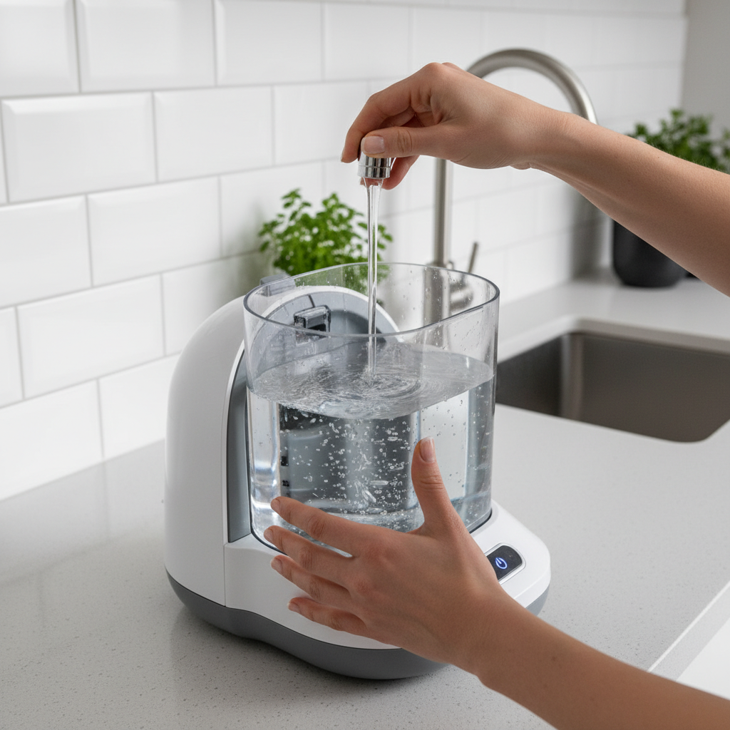 A professional, well-lit photograph or realistic illustration from an elevated perspective, showcasing a person's hands in the process of preparing the Hyla cleaning machine. The main focus is on a transparent water container, partially filled with clear water, positioned within the Hyla device. A gentle stream of fresh tap water is actively flowing into the container from a faucet, indicating the filling process. The surrounding environment should be a clean, modern kitchen or utility room with a neutral aesthetic, hinting at a practical home setting. The Hyla machine itself should be clearly recognizable, emphasizing user interaction and the initial setup step.
