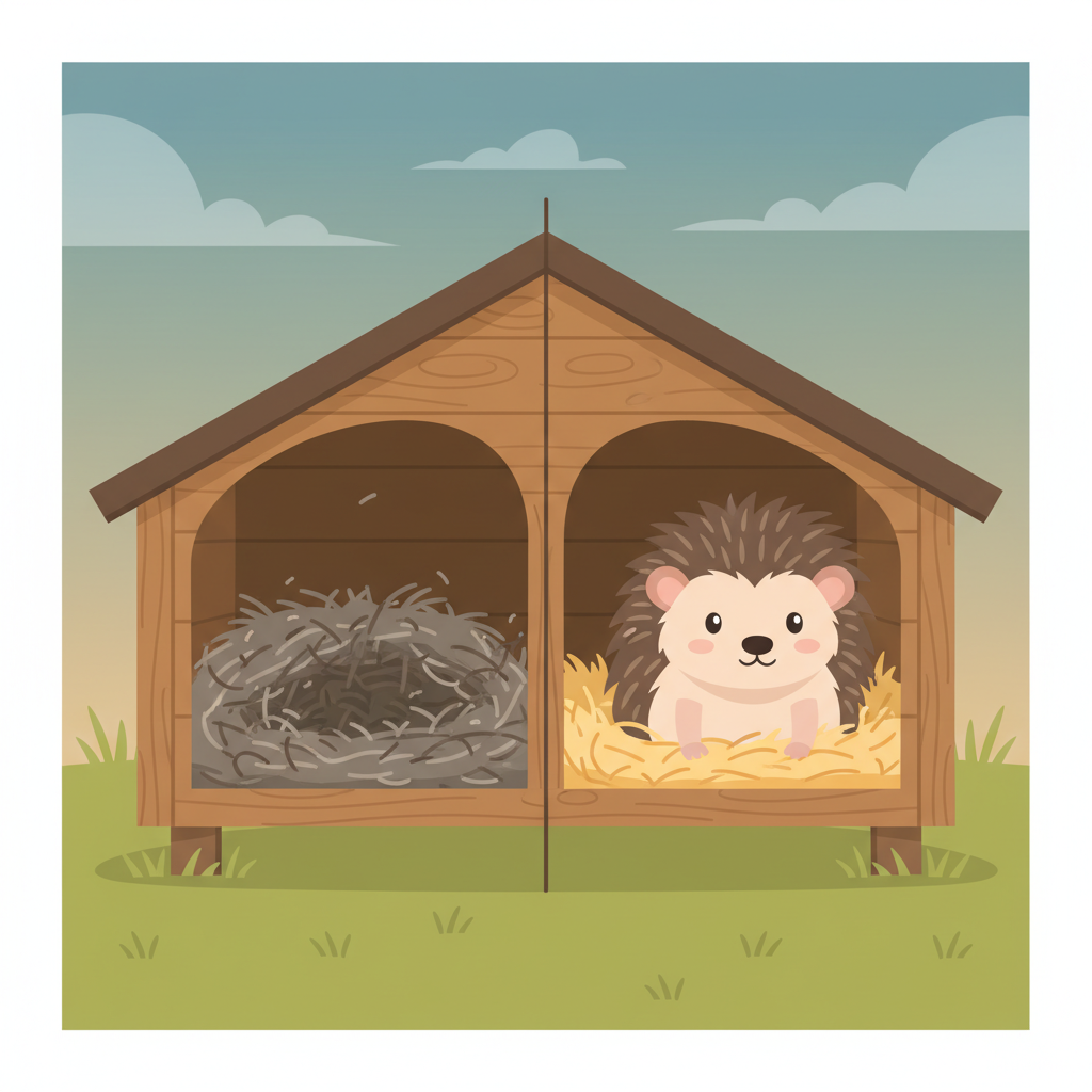 A split-view flat illustration depicting the stark contrast between a dirty and a clean hedgehog house. On the left, a cross-section reveals an unkempt interior filled with matted, dark nesting material, subtle hints of tiny insect-like specks (parasites), and a general sense of neglect. On the right, the same cross-section shows a pristine, inviting space with fresh, golden straw, a tidy appearance, and a healthy, alert hedgehog peeking out. The overall style is warm, friendly, and educational, clearly differentiating hygienic from unhygienic conditions.