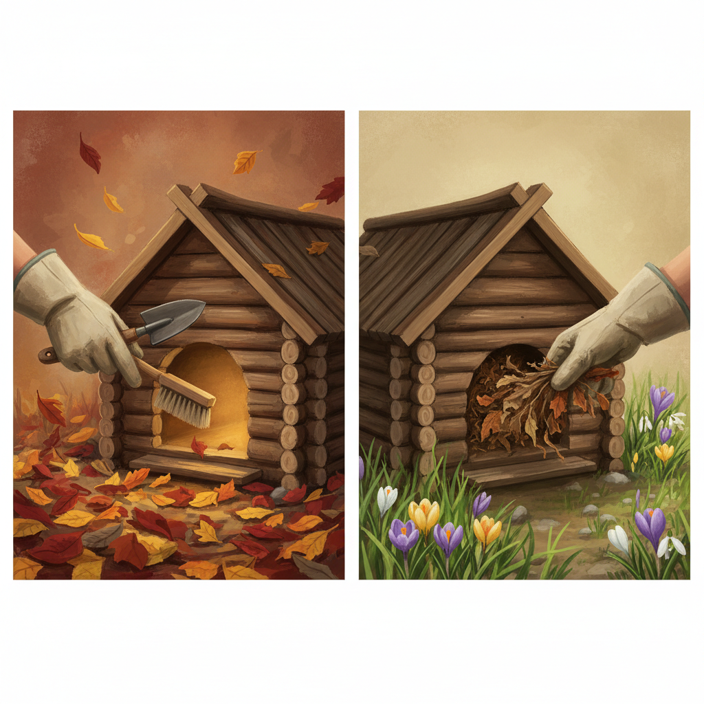 A professional digital painting illustrating the two key moments for hedgehog house cleaning. The left side of the image features a cozy hedgehog house nestled amongst vibrant autumn leaves, with a subtle hint of a gloved hand approaching with cleaning tools (e.g., a small brush or trowel), symbolizing preparation before winter hibernation. The right side showcases the same house in an early spring setting, surrounded by fresh green shoots and budding flowers, where another gloved hand is gently removing old nesting material, indicating post-hibernation cleaning. The scene conveys a sense of caring maintenance.
