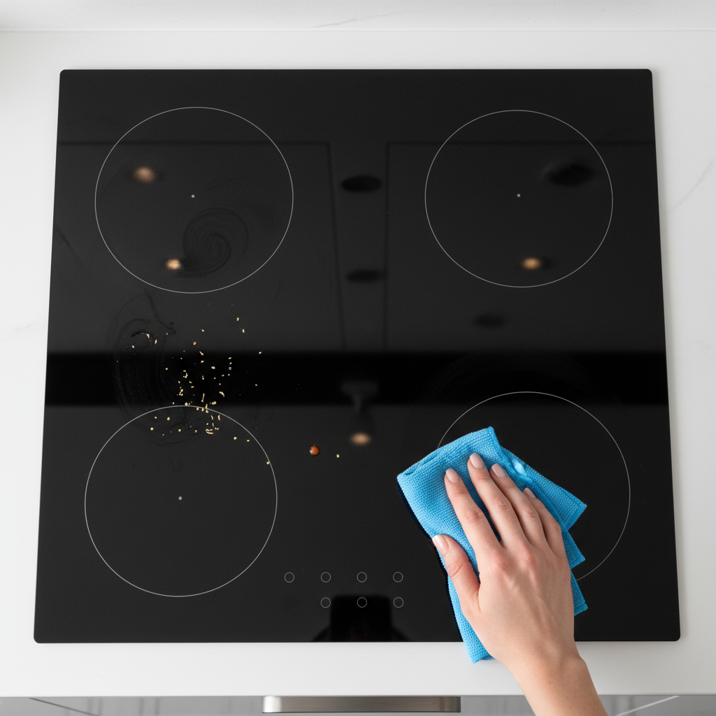 A close-up, top-down professional photo of a modern, sleek black induction cooktop. One half of the cooktop shows subtle smudges, fingerprints, and a couple of light food splatters, indicating everyday use. A hand holding a soft, damp microfiber cloth is gently wiping the other half, which is already gleaming and streak-free, reflecting ambient light beautifully. The scene emphasizes the quick transformation from dirty to perfectly clean, highlighting the ease and effectiveness of the cleaning process in a bright, contemporary kitchen setting.