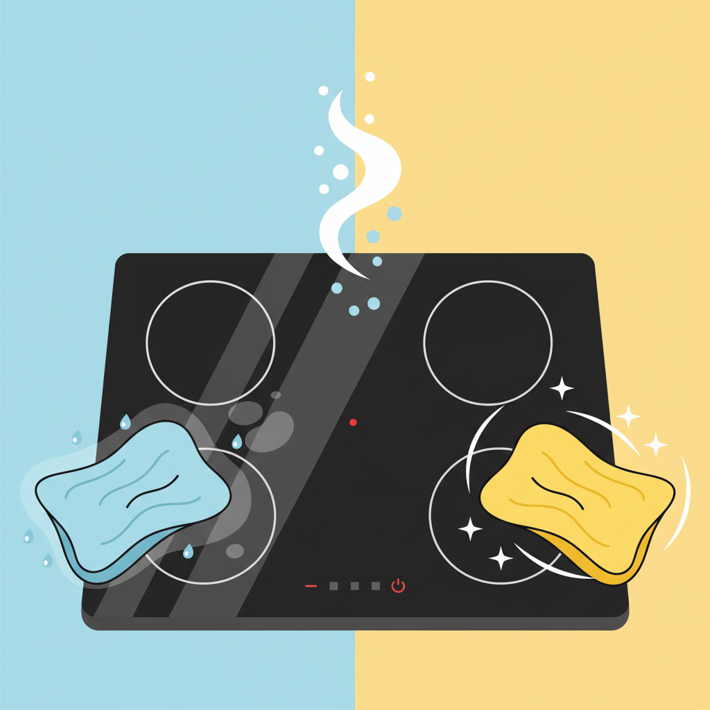 A vibrant, flat illustration depicting the simple steps of daily induction cooktop cleaning. The central focus is a pristine, black induction cooktop. Above it, a subtle icon or visual element indicates 'cooling down' (e.g., steam dissipating). To one side, a soft, damp microfiber cloth is shown wiping away faint marks. To the other side, a clean, dry microfiber cloth is polishing the surface to a high shine. The composition is clean and minimalist, using a bright color palette to convey efficiency and ease.