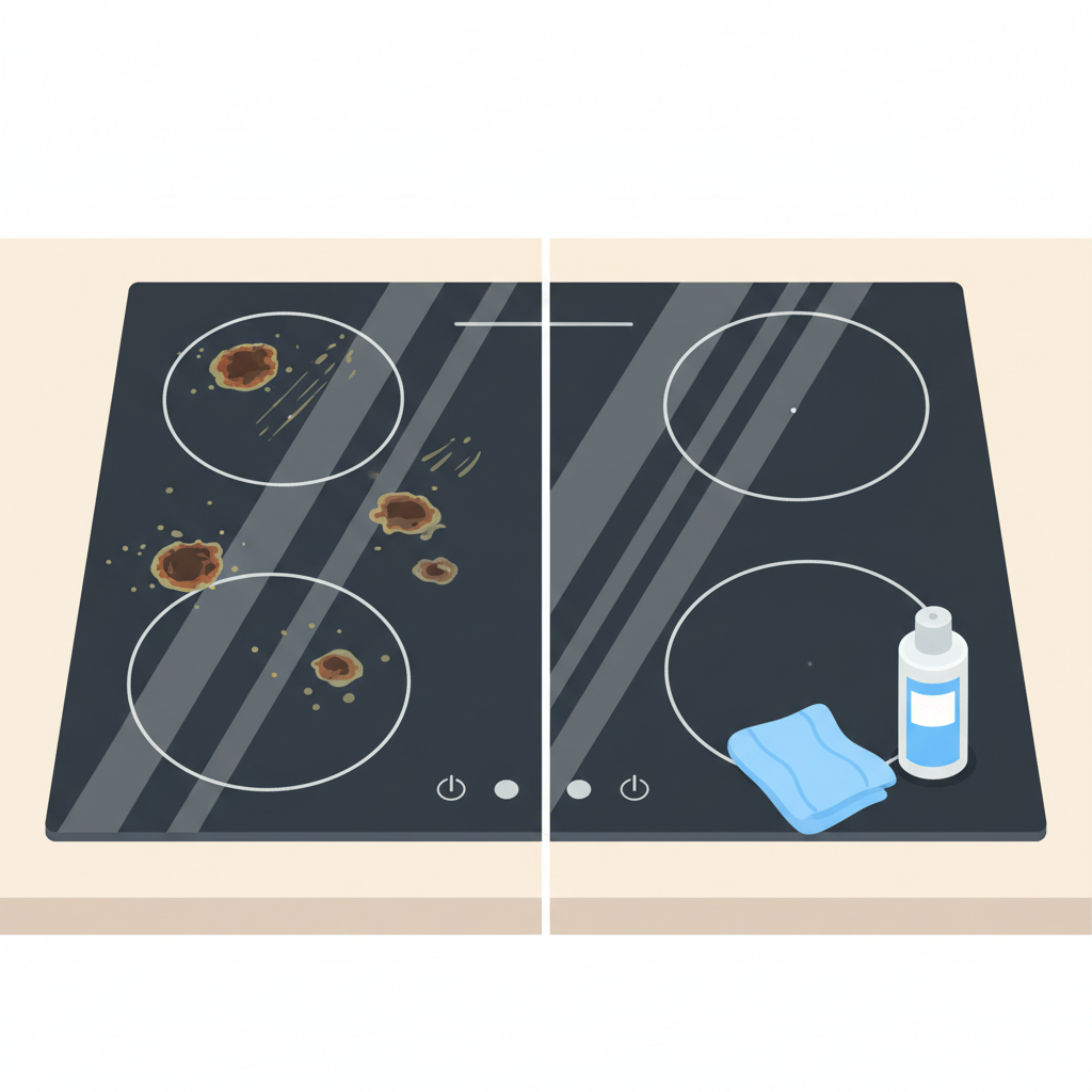 A modern, clean flat illustration showing a split view of an induction hob. On the left side, the hob surface is visibly dirty with a few burnt-on food splatters and greasy marks. On the right side, the exact same hob is sparkling clean, highly reflective, and pristine. In the foreground of the clean side, a clean microfiber cloth and a small bottle of specialized hob cleaner are neatly placed, suggesting the tools used. The overall color palette should be bright and inviting, highlighting the dramatic transformation.