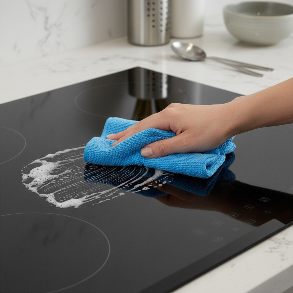 A close-up, professional overhead photo capturing a hand in the process of cleaning a sleek, black induction hob. The hob surface is partially damp and glistening, showing a streak of intense shine and reflection where it has just been wiped. A soft, blue microfiber cloth is held by the hand, gently gliding across the surface. A subtle, creamy residue from a cleaning agent is visible on the surface, emphasizing the cleaning action. The background is a softly blurred, contemporary kitchen countertop, suggesting a functional and tidy cooking space.