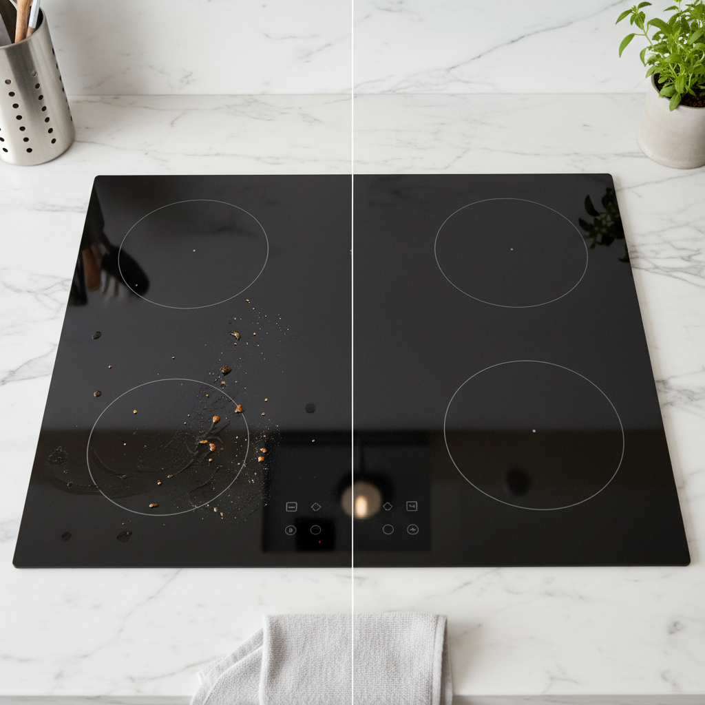 A professional, top-down photograph of a sleek, black induction cooktop in a modern kitchen setting. The image is clearly divided, showcasing a stark visual contrast. On one half, the cooktop surface is visibly soiled with common cooking splatters, light grease marks, and subtle food residues, appearing dull and used. The other half is impeccably clean, shining brightly with a polished, reflective surface that subtly mirrors the surrounding minimalist kitchen ambiance. The overall composition should emphasize the dramatic transformation from dirty to pristine, highlighting the aesthetic benefit of cleaning.