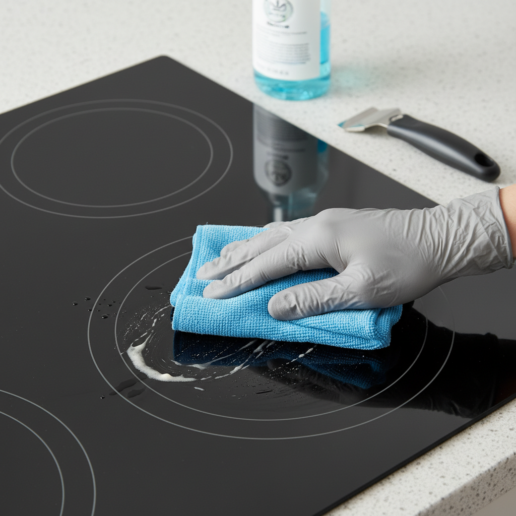 A close-up, high-angle professional photograph focusing on a person's hand actively cleaning a black induction cooktop. The hand, wearing a non-descript glove, holds a soft, damp microfiber cloth, gently wiping away a subtle but visible dried food spill or a stubborn grease mark on the glaskeramic surface. In the background, slightly out of focus, an unmarked spray bottle of cleaning solution and a specialized cooktop scraper are subtly visible. The lighting is bright and clean, conveying a sense of effective, careful, and hygienic maintenance for the delicate induction hob surface.