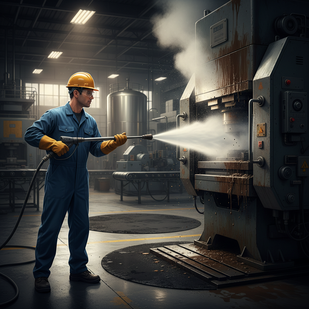 A dynamic, eye-level shot in a busy industrial manufacturing facility. A professional cleaning crew member, wearing safety gear (gloves, goggles), is actively operating a high-pressure cleaning device or applying a powerful industrial cleaning solution to a section of a large, complex machine or a heavily soiled factory floor. Steam or a fine spray emanates from the cleaning action, signifying intense cleaning power. In the background, other industrial machinery gleams faintly, hinting at areas already cleaned, contrasting with a visible section of stubborn grime or grease on the floor or machine surface that is being targeted. The overall atmosphere should convey efficiency, power, and deep cleaning. Style: Realistic digital illustration with a slightly dramatic, action-oriented feel.