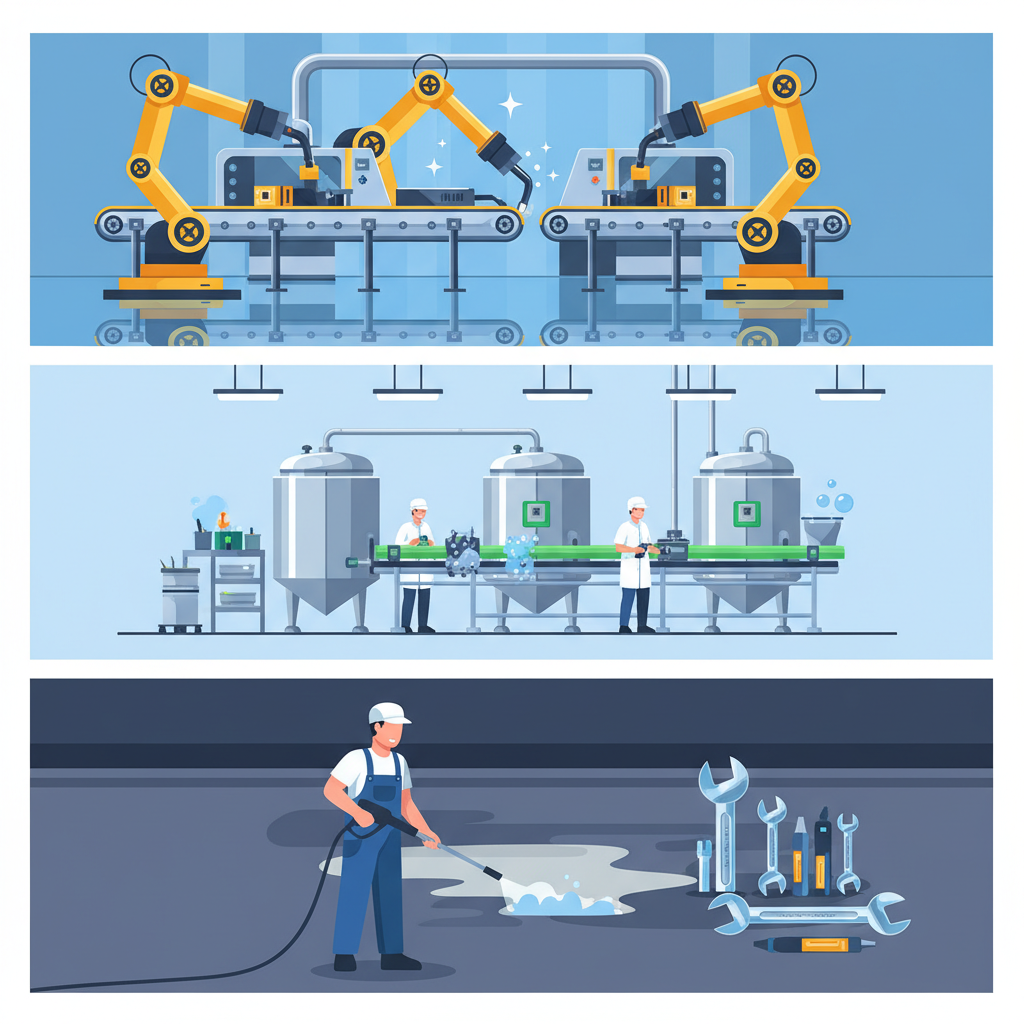 A vibrant infographic-style illustration depicting a collection of diverse industrial environments benefiting from powerful cleaning. The image is a segmented collage or a unified scene with distinct zones, showcasing various applications. One section features intricate machinery in a manufacturing plant, sparkling clean; another shows a section of a food processing facility maintaining high hygiene standards; and a third might feature a workshop floor being degreased, with a gleaming tool nearby. Small, subtle visual cues like spotless surfaces or clean equipment indicate the deep cleaning impact. The overall impression is one of widespread effectiveness and versatility across multiple industrial sectors. Style: Flat illustration with clean lines and bright, professional colors.