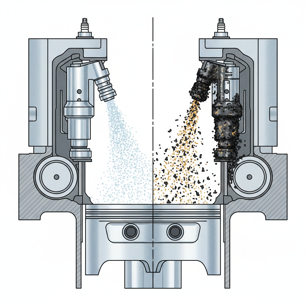 A detailed technical cross-section illustration of an engine's combustion chamber. On the left side, a pristine, new fuel injector is shown precisely spraying a fine, conical mist of fuel into the chamber. On the right side, the same injector is depicted with visible, dark carbon deposits and grime clinging to its nozzle and internal components, emitting an irregular, sputtering, and less efficient fuel spray pattern. Subtle visual cues like swirling dark particles for poor fuel quality and tiny soot fragments around the clogged injector emphasize the causes of fouling. The background shows simplified engine components.