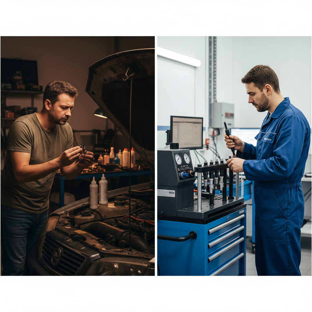 A split-scene professional photo composition contrasting DIY vs. professional injector cleaning. On the left side, a frustrated car owner is depicted in a dimly lit home garage, looking perplexed at complex engine parts under an open hood, holding a small, intricate fuel injector with a look of uncertainty. On the right side, a skilled mechanic, wearing a clean uniform, is confidently working on an engine in a well-lit, organized workshop, utilizing specialized tools or a professional injector test bench. The overall aesthetic should highlight the challenge of self-repair versus expert service.