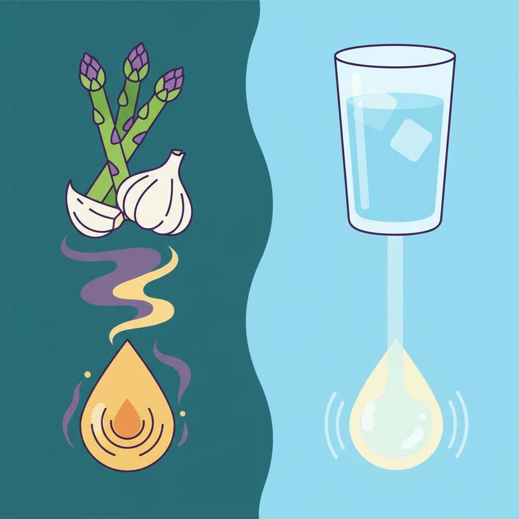 A vibrant, flat illustration depicting the influence of diet and hydration on urine concentration and potential odor. The left side could show icons of specific foods known to affect urine odor, such as asparagus spears and garlic cloves, alongside a subtle visual indicating a stronger potential odor. The right side should contrast this with an image of a full glass of water, symbolizing good hydration, leading to a visual representation of diluted urine (e.g., lighter color) with minimal or no odor indication. Use subtle, abstract visual cues like varying color intensity for urine and small, stylized scent waves to convey the concept without being explicit.