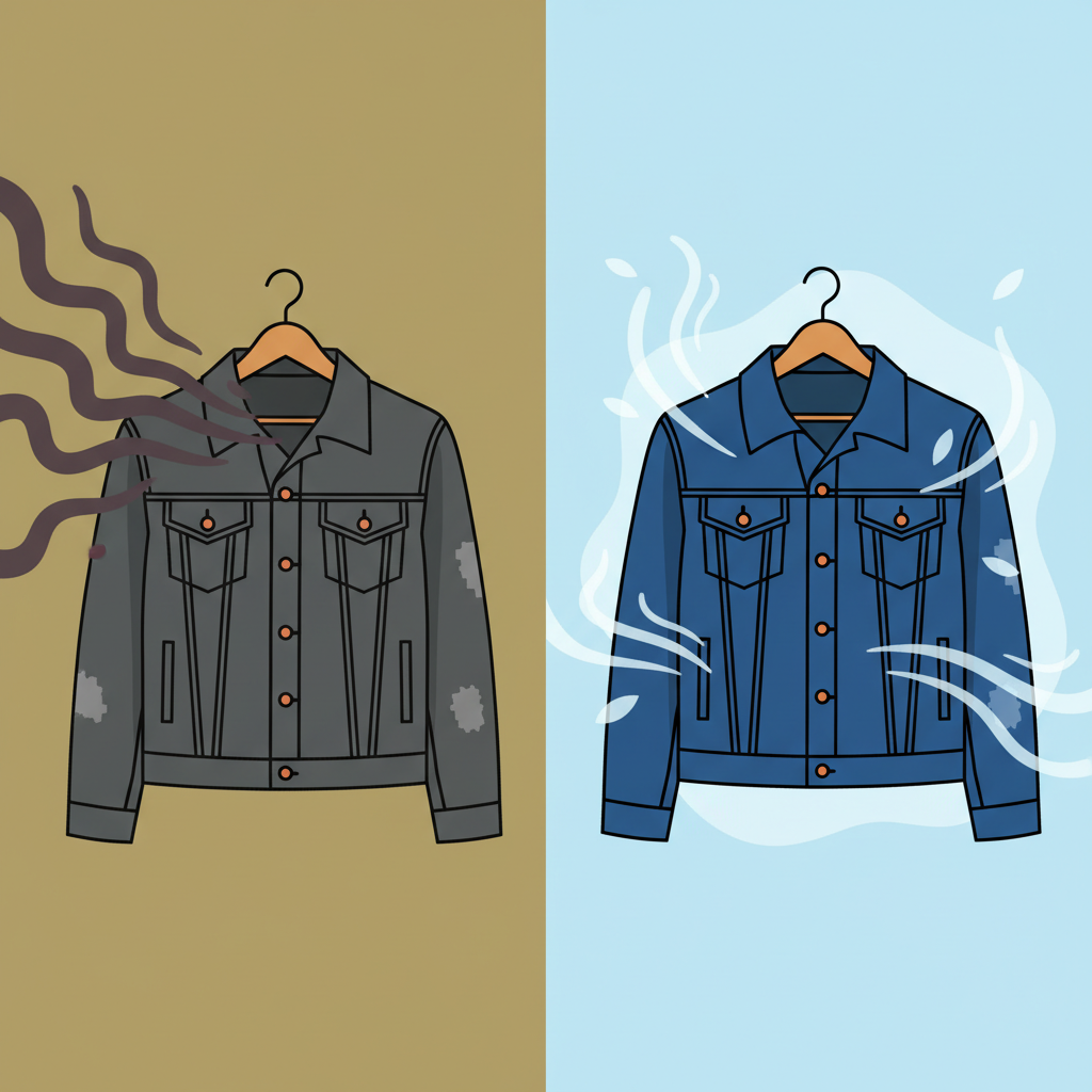A split-screen or 'before-after' style flat illustration. On one side, a dark, slightly wrinkled jacket hangs, emanating subtle, dark, wavy lines to represent an unpleasant odor. The colors are muted and dull. On the other side, the same jacket is shown hanging cleanly, vibrant in color, with light, fresh-looking subtle wavy lines or a gentle 'fresh air' motif around it, indicating a pleasant scent. The background is simple and clean, emphasizing the contrast between the unpleasantly scented and the fresh garment. The overall style is modern and approachable, suitable for a lifestyle blog.