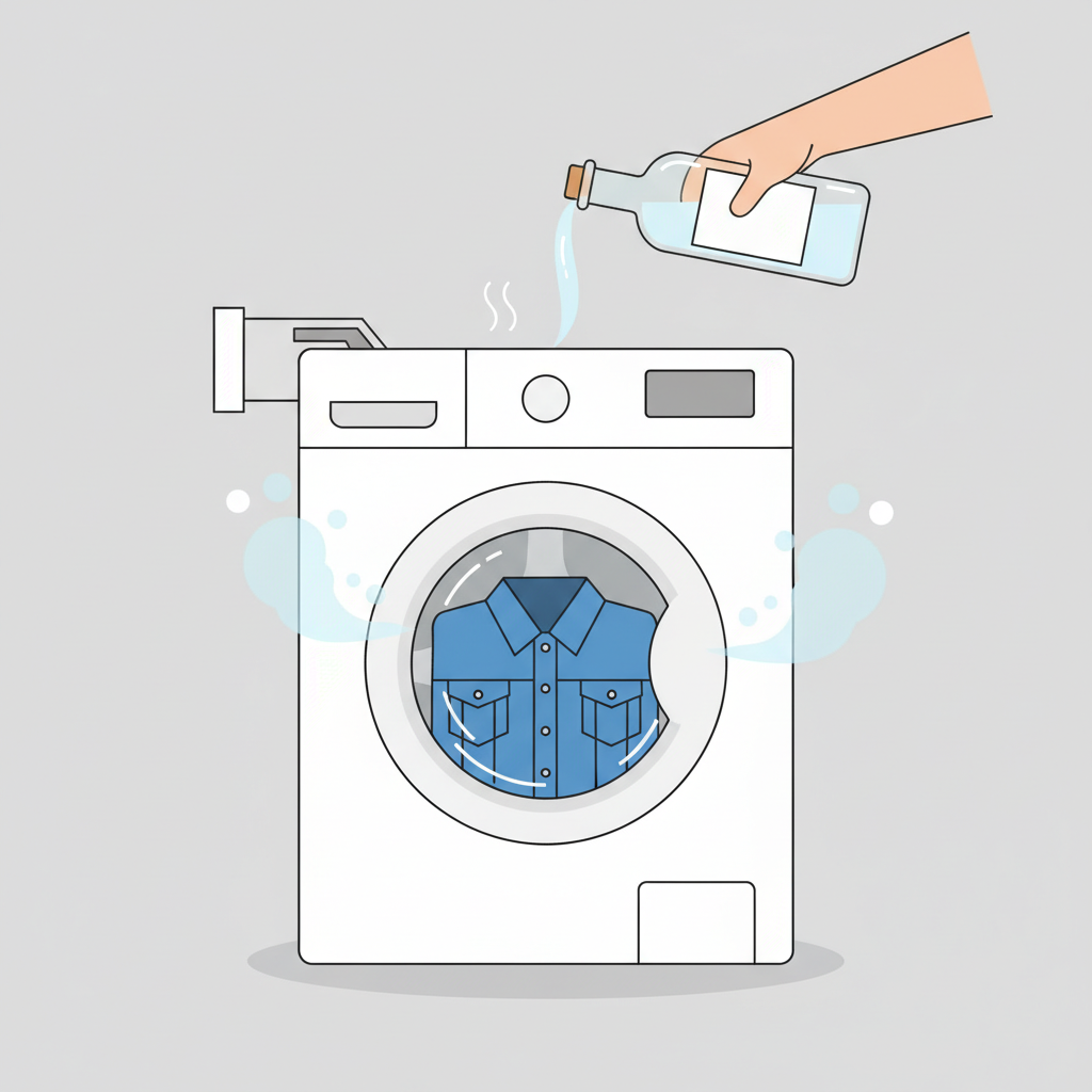 A clean, minimalist flat illustration depicting the process of using vinegar for odor removal. A modern washing machine drum is central, with a neatly folded jacket (perhaps a denim or simple fabric jacket) placed inside. A hand is gently pouring a stream of clear liquid, representing white vinegar, from a simple glass bottle into the washing machine's detergent dispenser or directly into the drum. Subtle, light 'cleanliness' or 'freshness' icons, like small bubbles or gentle steam, are around the jacket in the drum. The overall scene conveys a simple, effective household remedy in a professional, easy-to-understand manner.