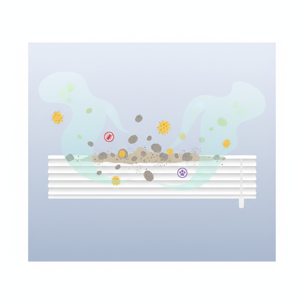 An illustrative cross-section or close-up of a venetian blind slat. Visible on its surface are stylized microscopic dust particles, pollen grains, and tiny stylized allergen symbols, all accumulating. Emanating from these particles are subtle, translucent wisps or cloud-like shapes representing compromised air quality. The overall scene emphasizes the unseen pollutants accumulating on dirty blinds and their potential impact on indoor air. Style: Detailed flat illustration, health-focused infographic style.