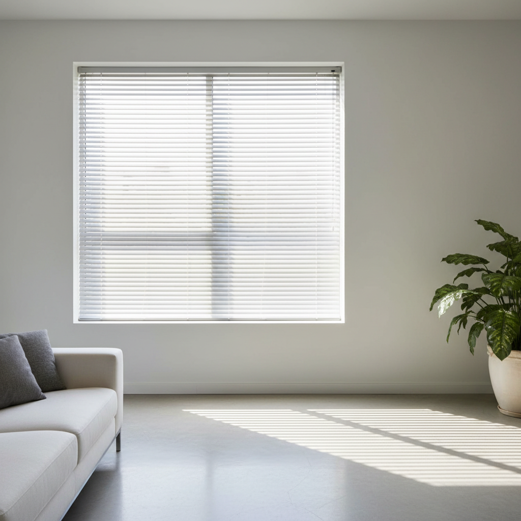 A contemporary interior shot featuring a window with perfectly clean and shiny aluminium venetian blinds. Sunlight streams through the slightly angled slats, creating beautiful patterns of light and shadow on the floor or wall. The aluminium surfaces are pristine, reflecting light crisply without any smudges or dust, showcasing their sleek, modern aesthetic and the positive impact of thorough cleaning. Style: Bright and airy professional interior design photo, clean lines.