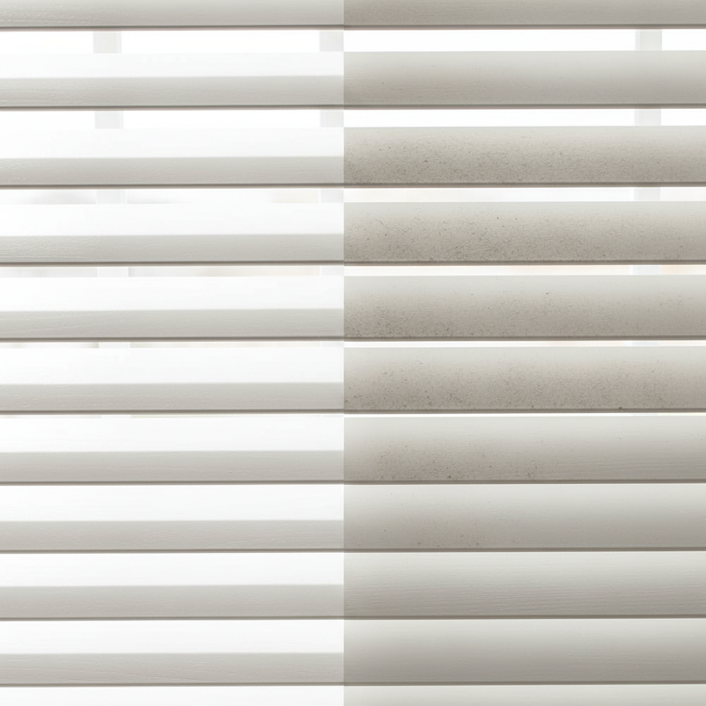 A split-frame image or a single window showing a stark contrast between a perfectly clean section of horizontal window blinds (Jalousien) and a visibly dusty, slightly dull section. The clean slats should reflect light brightly, looking pristine and new. The dirty slats should show a noticeable layer of fine dust and perhaps subtle smudges, appearing muted and neglected. High-quality professional photo with natural light. Focus on the texture and reflection difference. The overall composition should be bright and inviting, highlighting the positive outcome of cleaning.