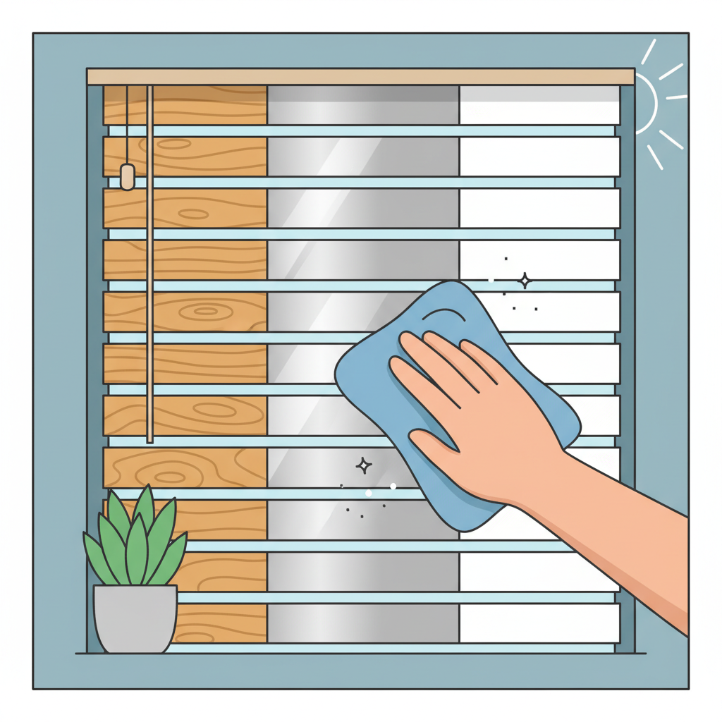 A stylized illustration showcasing the versatile cleaning of horizontal blinds. The image features a window with a set of blinds being gently wiped by a hand holding a microfiber cloth. The blinds should subtly display different material textures within their slats—wood grain, a reflective metallic sheen for aluminum, and a smooth, matte finish for plastic—to represent the various types. Flat illustration with clean lines and a friendly, inviting aesthetic suitable for a blog. The emphasis is on the general cleaning action and the adaptability of the method to diverse materials (wood, aluminum, plastic), conveying ease and broad applicability.