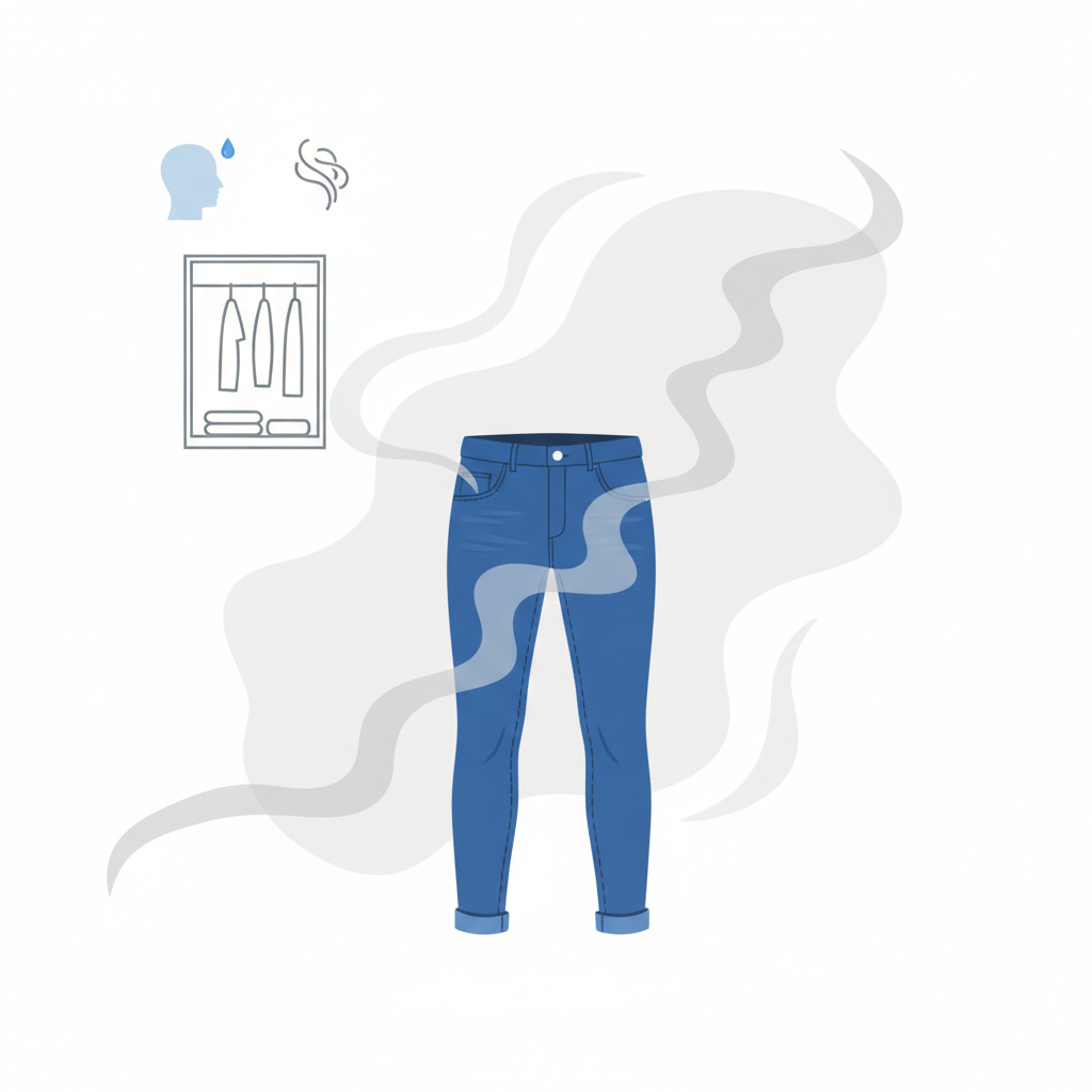 A modern, clean flat illustration depicting a pair of stylish blue jeans with subtle, wavy, light grey vapor lines emanating from them, symbolizing unpleasant odor. In the background, stylized icons represent common odor sources: a small, almost transparent silhouette of a human head with a sweat drop, a wispy smoke cloud, and a slightly cluttered, dark wardrobe interior. The overall scene should convey the problem of smelly denim without being overtly dirty.