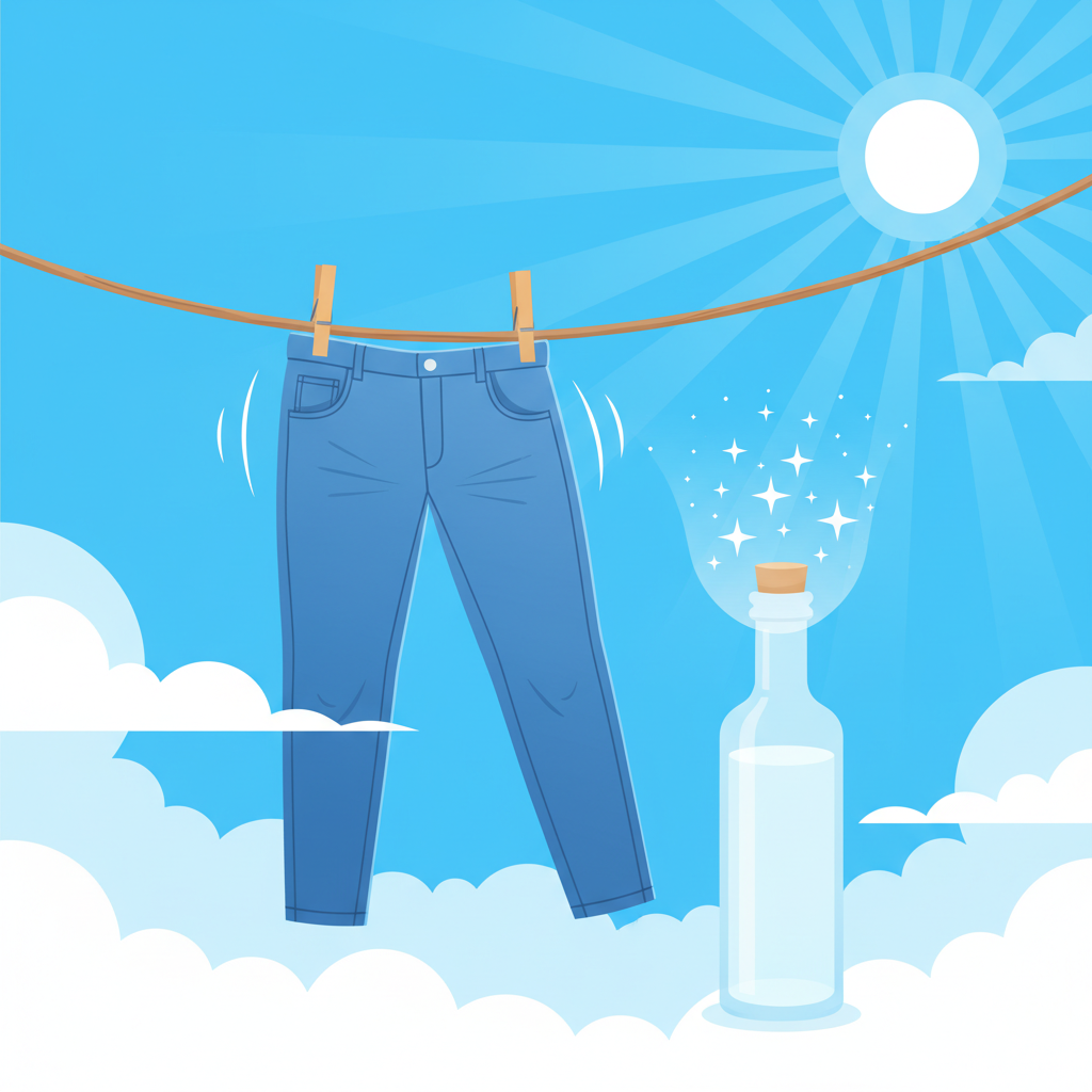 A vibrant, fresh vector illustration showcasing a pair of perfectly clean, medium-wash blue jeans hanging outdoors on a wooden clothesline, gently swaying in a soft breeze under a clear blue sky with stylized sun rays. In the foreground, a minimalist glass bottle of clear white vinegar is prominently displayed, perhaps with faint 'sparkle' effects or an 'aura' of freshness radiating from it, suggesting its deodorizing power.