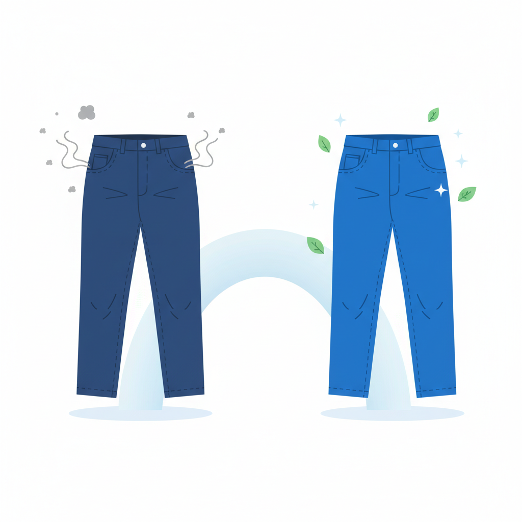 A modern, clean flat illustration depicting a conceptual transformation of jeans. On the left, a pair of slightly worn, dark blue jeans is shown emitting subtle, muted grey wavy lines and small cloud shapes, visually representing unpleasant odors. On the right, the same jeans appear vibrant and pristine, with gentle sparkling accents and delicate, stylized green leaves or fresh air symbols subtly floating around them, indicating cleanliness and freshness. A soft, dynamic line or subtle gradient visually connects the 'before' and 'after' states, emphasizing the transformation.