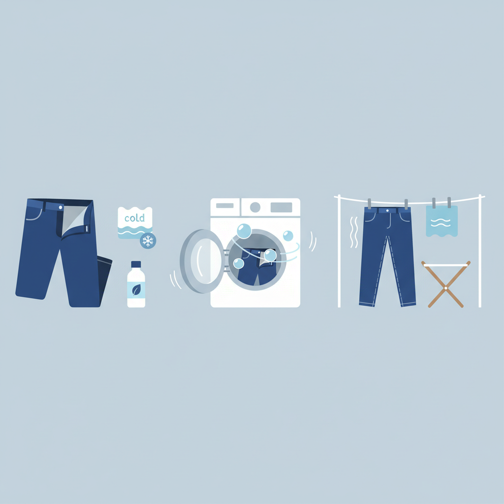 A simplified, clean infographic-style illustration showcasing the key steps for proper jeans care. The composition features a pair of blue jeans depicted in three distinct stages: first, neatly folded inside out, next to a washing machine drum with a visual cue for cold water and a small, generic bottle representing mild detergent. The second stage shows the jeans gently rotating in a washing machine with water bubbles. Finally, the jeans are depicted hanging freely on an outdoor clothesline or an indoor drying rack, with subtle wavy lines around them to illustrate air drying.