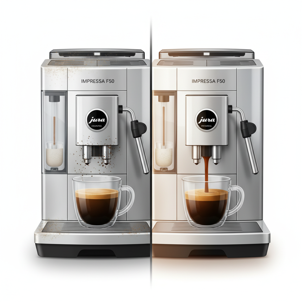 A conceptual illustration depicting the stark contrast between a neglected and a well-maintained Jura Impressa F50 coffee machine. The left side shows a slightly dusty, grimy machine with visible coffee residue near the dispenser and steam nozzle, accompanied by a dull, unappetizing cup of coffee. Subtly, a faint, almost transparent layer of lime scale is hinted at within the machine's internal structure. The right side features the identical model, impeccably clean and gleaming, dispensing a rich, vibrant cup of coffee. The overall style should be modern and inviting, emphasizing the positive outcome of regular maintenance for taste and hygiene.