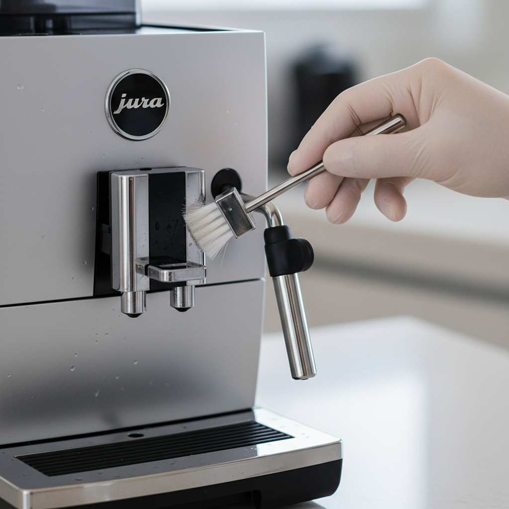 A close-up, professional photo capturing the active cleaning of a Jura Impressa F50's milk frother or dispenser. A hand, possibly gloved, is meticulously using a small cleaning brush or a microfiber cloth to wipe down the nozzle and attachment points. The Jura machine itself is clearly identifiable, appearing well-maintained but currently undergoing a cleaning routine. The background should be soft and blurred, keeping the focus on the cleaning process and the machine's components. Emphasize cleanliness and precision in the action. Bright, clear lighting highlights the details.