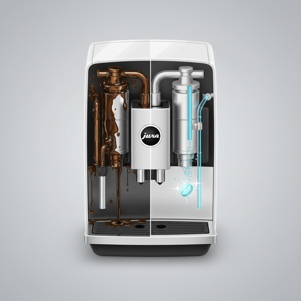 A professional, clean isometric illustration depicting a cutaway view of a sleek, modern Jura coffee machine. On one side, show internal pipes and brewing components coated with dark, oily coffee residue, symbolizing 'before' cleaning. On the other side, illustrate the same components pristine and sparkling clean, with a small, dissolving cleaning tablet in the water path, emitting subtle cleaning bubbles or light. The illustration should highlight the contrast between a clogged, dirty system and a fresh, sparkling one, emphasizing the tablet's active cleaning action.