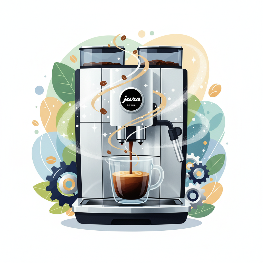 A vibrant flat illustration centered around a beautifully designed, clean Jura coffee machine brewing a perfect cup of coffee into an elegant glass mug. Around the machine and cup, visualize abstract benefits of cleaning: delicate aroma swirls rising from the coffee for taste optimization, sparkling clean outlines or subtle glow representing hygiene, and stylized, robust gears or internal components hinting at machine longevity. The overall mood should be fresh, inviting, and emphasize premium quality and care.