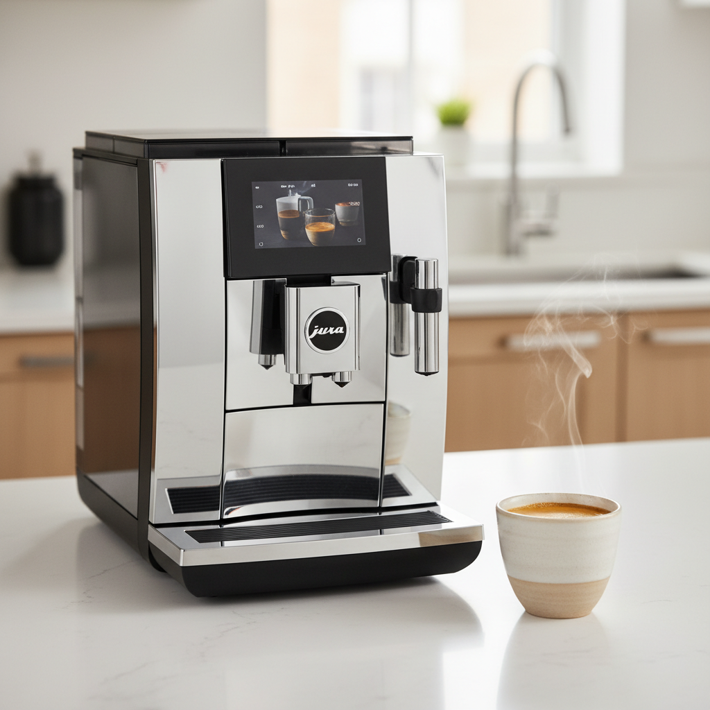 A professional, bright photo of a meticulously clean and gleaming Jura coffee machine, perfectly polished and sitting on a pristine, light-colored kitchen counter. Next to it, a beautiful ceramic cup holds a rich, dark coffee with a perfect crema, emanating a delicate wisp of steam. The background is softly blurred, suggesting a clean, modern kitchen environment, emphasizing the idea of fresh, pure coffee enjoyment achieved through proper maintenance. The image conveys hygiene and premium quality.