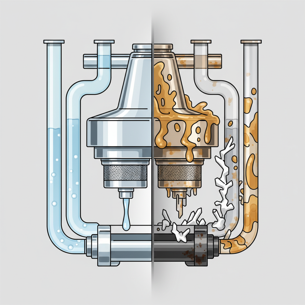 An infographic-style illustration depicting a conceptual cross-section of a coffee machine's internal components. On one side, show clean, transparent water tubes and spotless brewing mechanisms. On the other side, or integrated as an 'unclean' contrast, illustrate stylized yellow-brown coffee oil residues clinging to the internal surfaces of pipes and filters, and abstract white, jagged limescale deposits obstructing the water path and coating heating elements. The visual contrast should clearly highlight the negative impact of neglect.