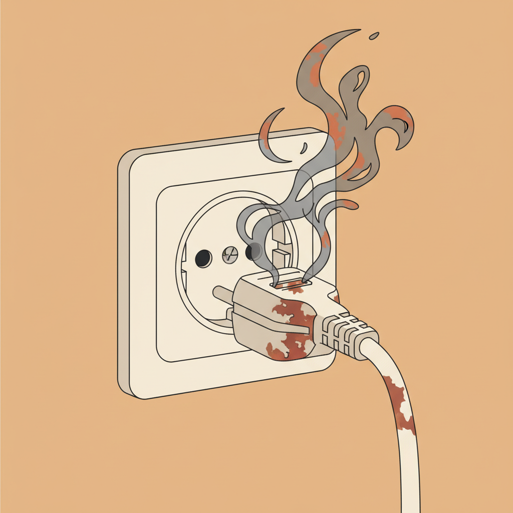 A vibrant, slightly abstract flat illustration depicting a close-up of a standard European wall socket with a power plug inserted. From the connection point of the plug and the socket, subtle, stylized wisps of gray smoke or heat shimmer are emanating, indicating an electrical issue. The cable insulation near the plug shows slight discoloration and a hint of melting. The background is simple and clean, suggesting a domestic environment. The overall color palette uses warm, urgent tones like muted reds, oranges, and grays to convey danger. This image visually represents the 'Kabelbrand Geruch' and its source.
