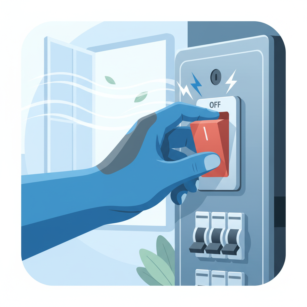 A dynamic vector illustration showing a person's hand decisively flipping the main switch of a modern electrical fuse box to the 'off' position. The focus is on the hand and the fuse box, emphasizing immediate action. In the background, slightly out of focus but clearly visible, a window is open, allowing fresh air to flow in, symbolizing ventilation. The scene should convey urgency and safety. The color scheme is clean and professional, using blues and grays for the fuse box and hand, with brighter tones for the open window.