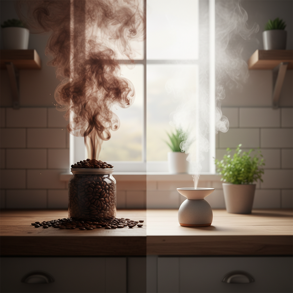 A split-scene professional photo contrasting an overpowering coffee bean smell with a fresh home. On the left side, a visible plume of dark, intense coffee aroma (represented by swirling, rich brown vapor) emanates from a jar of roasted coffee beans on a kitchen counter, subtly overwhelming the immediate area. On the right side of the split, the same kitchen counter is clean and clear, with light, airy visuals (like subtle, white mist) symbolizing freshness and neutrality, suggesting a successful odor neutralization. The overall impression is a 'before and after' or 'problem and solution' visual.