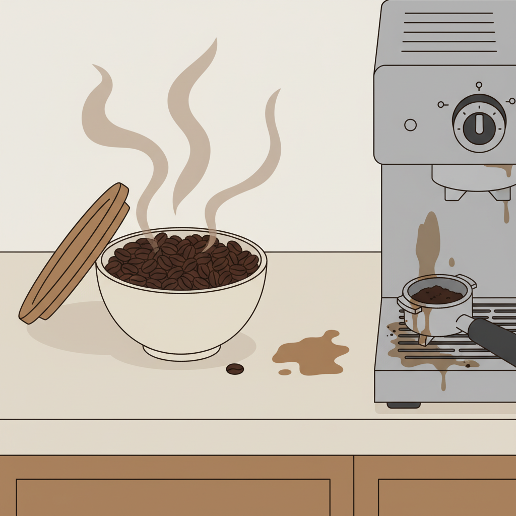 A detailed flat illustration depicting common sources of stubborn coffee odors. The scene shows an open, non-airtight container overflowing with roasted coffee beans on a kitchen counter, with subtle, faint brown lines or a light haze wafting from them. Nearby, a used, uncleaned coffee filter basket from an espresso machine sits on a drip tray, with residual coffee grounds visible. A small, dried coffee spill is subtly visible on the countertop surface, highlighting different points where odors accumulate. The color palette should be clean and slightly muted.