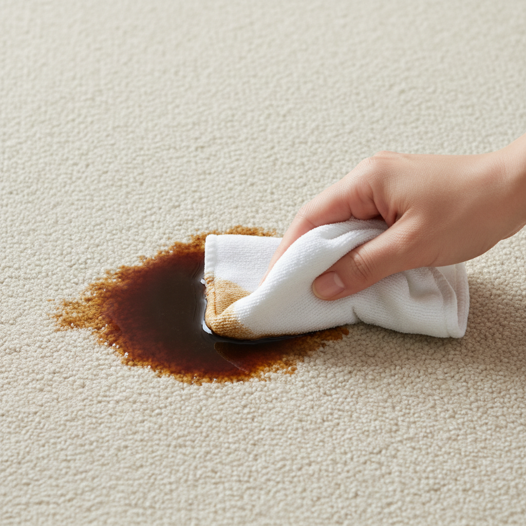 A high-angle, close-up professional photo capturing a fresh, dark coffee spill on a light-colored, textured carpet. A hand holding a clean, white microfibre cloth is gently dabbing the edge of the stain, absorbing the liquid. The visual emphasizes the immediate action of blotting without rubbing, showcasing the contrast between the dark coffee and the clean cloth. The scene is well-lit, conveying cleanliness and effectiveness, highlighting the critical first step in stain removal.