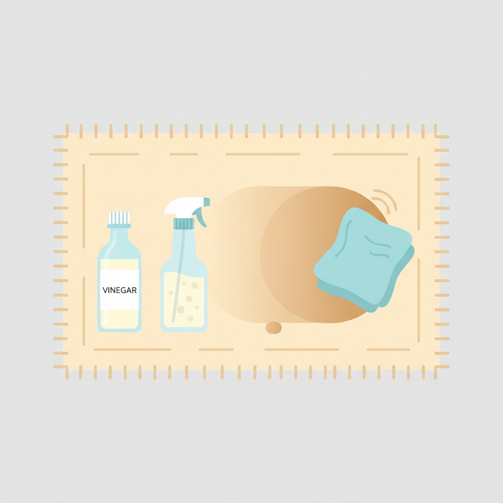 A clean, modern flat illustration depicting the concept of effective coffee stain removal from a carpet. The scene features a segment of a light-colored carpet with a visibly diminishing coffee stain. Around it, essential household cleaning items are neatly arranged: a bottle of white vinegar, a spray bottle, and a clean microfibre cloth. The overall aesthetic is reassuring and helpful, using a soft, inviting color palette to suggest ease and success in cleaning.