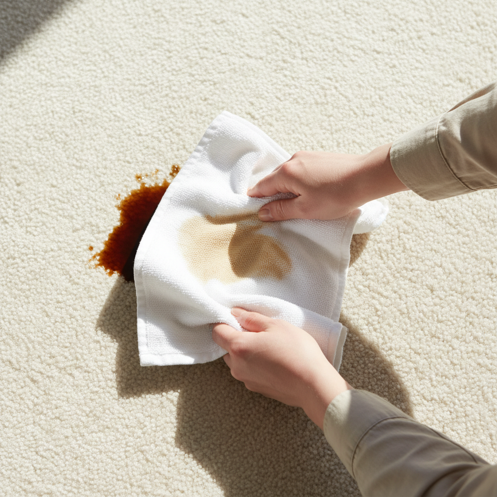 A top-down professional photo illustrating the immediate action of removing a fresh coffee stain from a light-colored, short-pile carpet. A dark brown coffee spill is visible. A person's hands, with clean, neutral sleeves, are gently pressing a clean, white, absorbent cloth onto the stain, demonstrating the 'blotting' technique. The cloth should show a subtle impression of absorbed liquid from the stain. The focus is on the action of absorption and the clean process. The surrounding carpet is neat and well-maintained, under bright, natural lighting.
