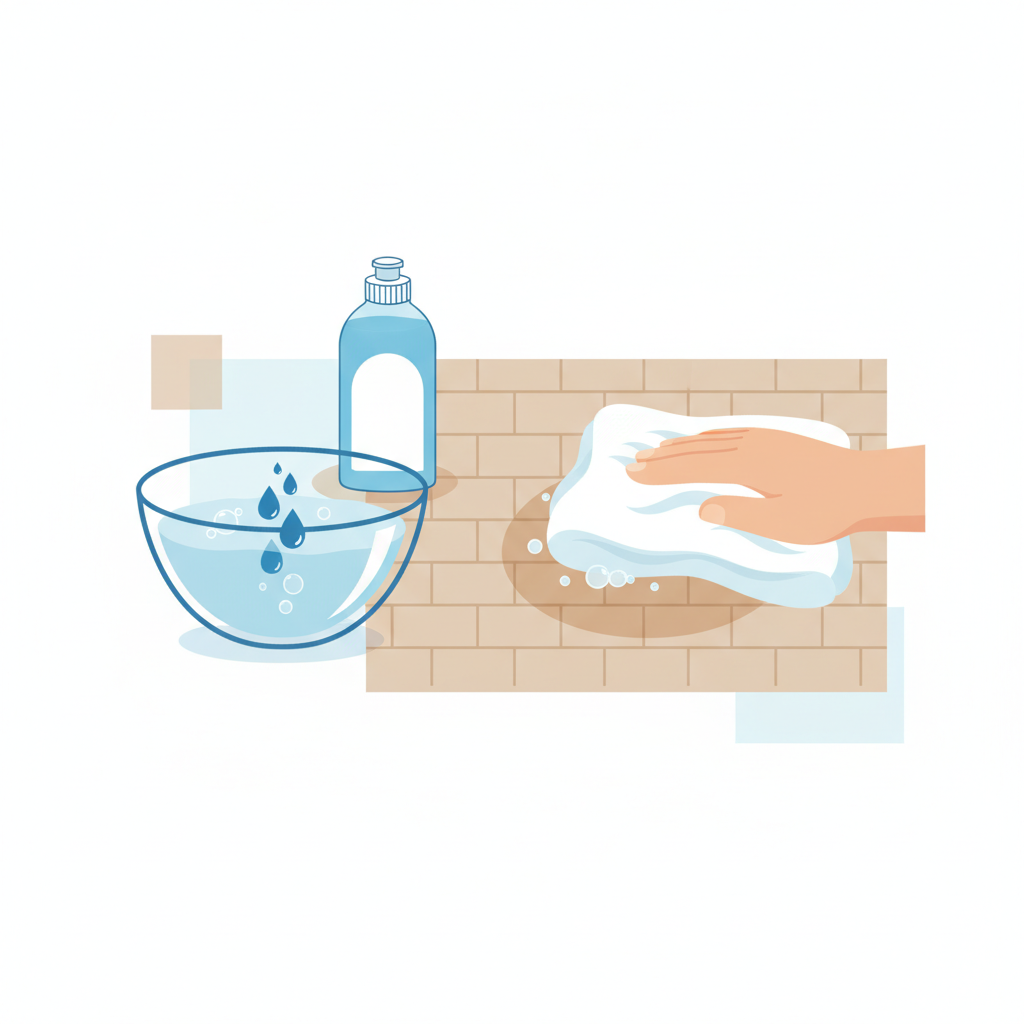 A vibrant, clean flat illustration in an infographic style, depicting the preparation and application of a dish soap solution for removing a coffee stain. On the left, a clear glass bowl contains cold water with a few drops of blue liquid (representing dish soap) and subtle bubbles. Next to it, a small, generic bottle of mild dish soap is positioned. On the right, a clean white cloth is gently dabbing a subtle, dried coffee stain on a textured carpet surface, with faint suds suggesting the cleaning action. The overall composition is bright, organized, and conveys an easy, effective home remedy.