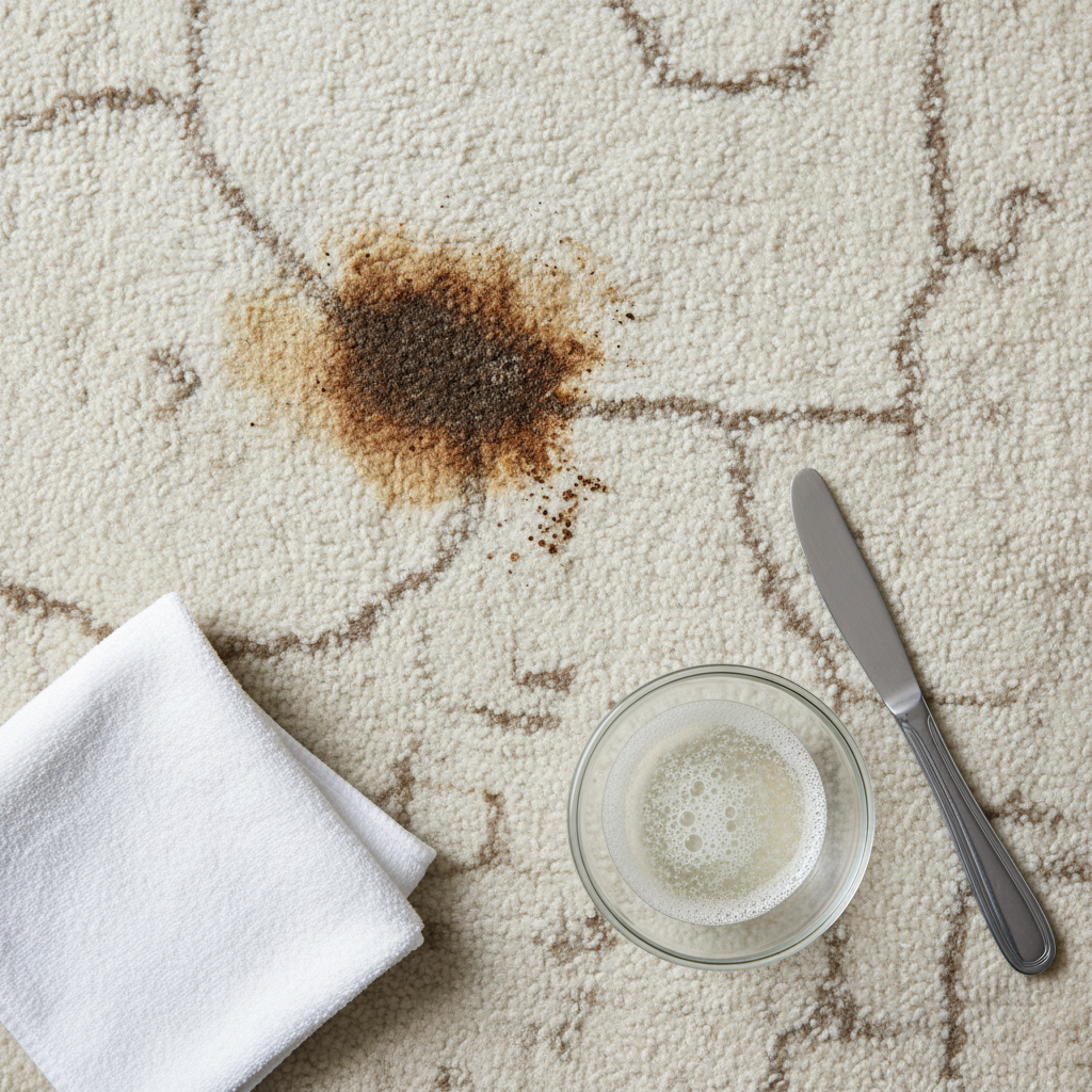 A close-up, professional overhead photograph of a stubborn, dried coffee stain deeply embedded in a light-colored, textured carpet. The stain appears dark and clearly visible against the lighter fibers. Neatly arranged around the stained area are essential cleaning tools: a pristine white microfibre cloth, a small glass bowl filled with a clear, slightly bubbly liquid (representing a gentle cleaning solution), and a silver spoon or dull knife, implying the initial step of carefully removing loose particles. The lighting is bright and highlights the carpet fibers, emphasizing the challenge of the stain.