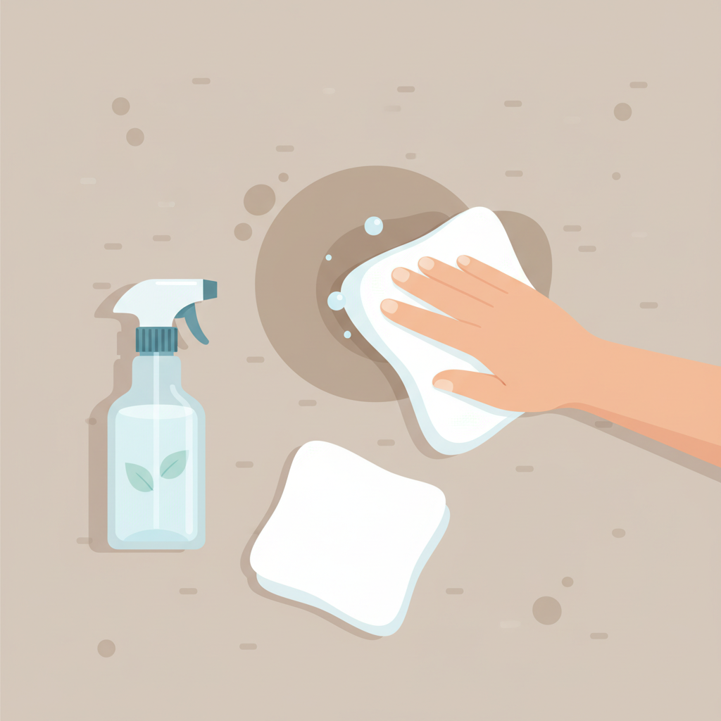 A clean, modern flat illustration from a top-down perspective, depicting the gentle application of a cleaning solution to a coffee stain on a carpet. A stylized hand is shown holding a clean white cloth, carefully dabbing (not rubbing) a visible, somewhat faded coffee stain on a neutral-toned carpet. Nearby, a clear spray bottle containing water or a homemade cleaning mixture, and another clean, folded white cloth are positioned, ready for use. The overall aesthetic is calm and instructional, using soft, inviting colors suitable for a DIY guide.