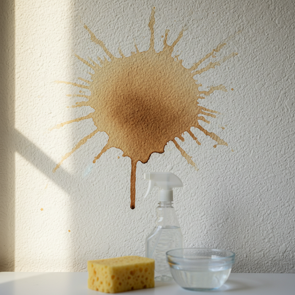 A close-up, eye-level professional photo of a textured interior wall with a prominent, dark, dried coffee stain. The stain is clearly visible and has a somewhat irregular, spilled shape, indicating its accidental origin. In the foreground, slightly out of focus, are essential cleaning tools: a gentle, light-colored sponge, a generic spray bottle (no text or branding), and a small, clear bowl containing clean water. The lighting is soft and natural, emphasizing the texture of the wall and the contrast of the stain against it, conveying a sense of a common household challenge about to be tackled effectively.
