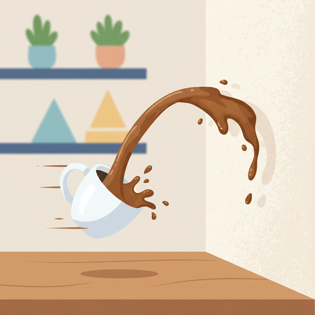 A dynamic, slightly motion-blurred flat illustration showing the moment a coffee mug is accidentally tipped over near a wall. A splash of brown liquid is mid-air, heading towards a light-colored wall surface, but not yet fully impacting it. The scene should convey a sense of a common, relatable mishap without showing any people. The style should be clean and modern, focusing on the movement and the liquid, with a bright, welcoming color palette that contrasts with the coffee's dark tones, making the impending 'problem' visually interesting.