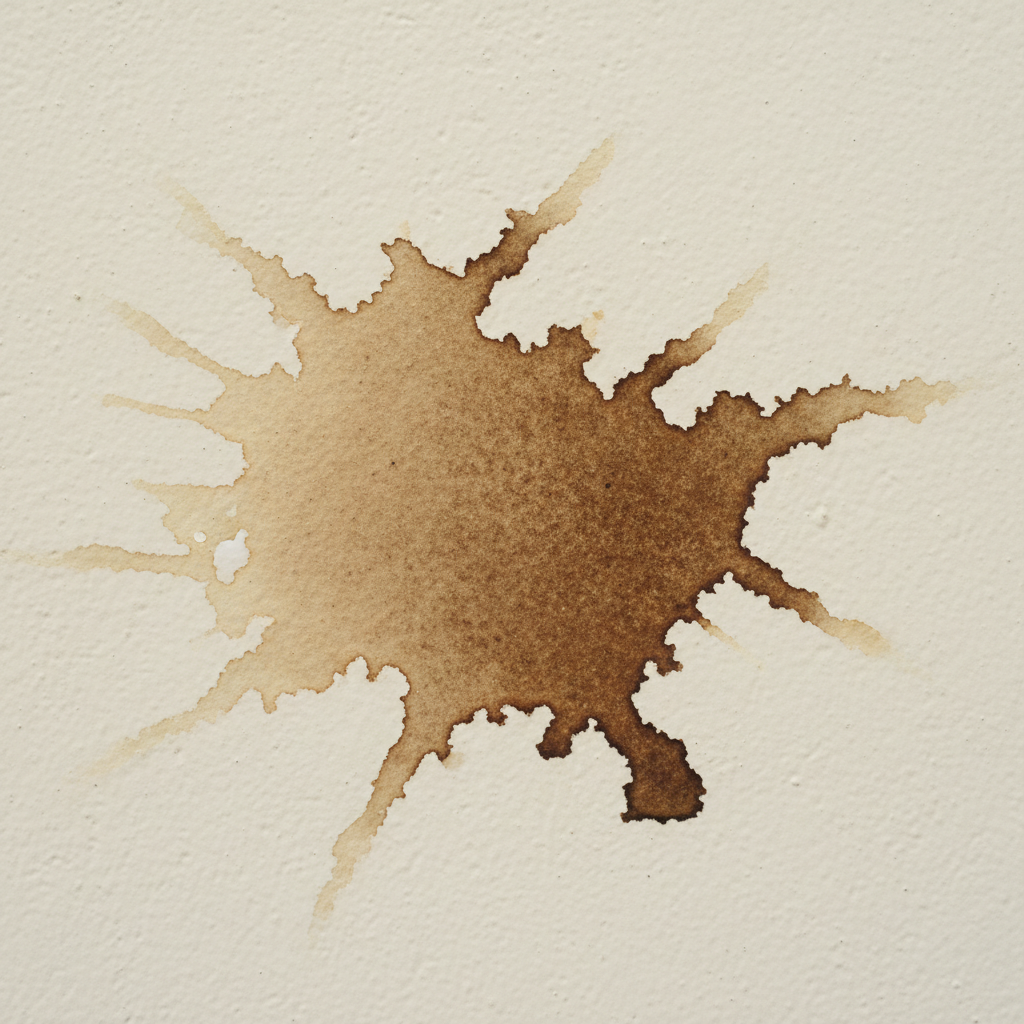 A close-up, professional photo showcasing a prominent, dried coffee stain on a light-colored, painted wall. The stain has irregular edges and a dark brown hue, clearly contrasting with the wall's clean surface. A subtle texture of the wall paint is visible, highlighting how the stain has permeated the surface. The lighting is soft but direct, emphasizing the stain's stubborn appearance, creating a visually unappealing spot that needs cleaning. No other objects are visible, keeping the focus entirely on the challenging coffee mark.