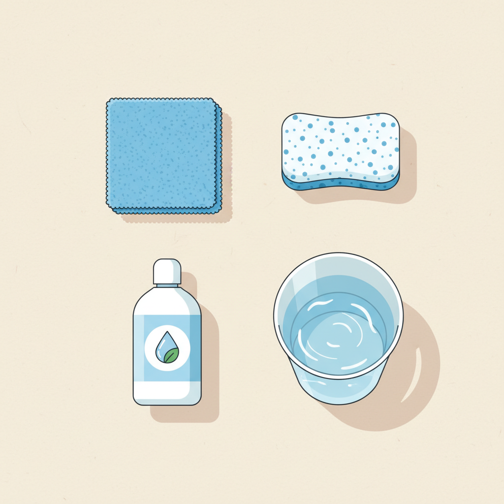 A flat lay illustration depicting essential tools for removing wall stains, organized neatly on a light, neutral background. Included items are a soft, blue microfiber cloth, a gentle cleaning sponge, a small clear bucket containing water, and a generic, minimalist bottle symbolizing a mild cleaning solution. The style is clean and modern, with crisp lines and subtle shadows, making each tool easily identifiable. The composition conveys readiness and organization for a cleaning task, focusing on the practical items needed for preparation.