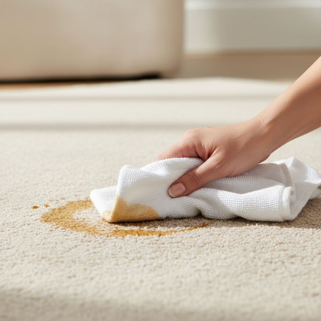 A professional close-up photo of a hand gently dabbing a fresh coffee stain on a light-colored, textured carpet. The hand holds a clean, white cloth or paper towel, pressing lightly onto the brown liquid. The coffee stain is clearly visible, spreading slightly, indicating a recent spill. The background is softly blurred, focusing entirely on the action of removing the stain. The lighting is bright and natural, highlighting the texture of the carpet and the liquid, conveying a sense of immediate action and care.