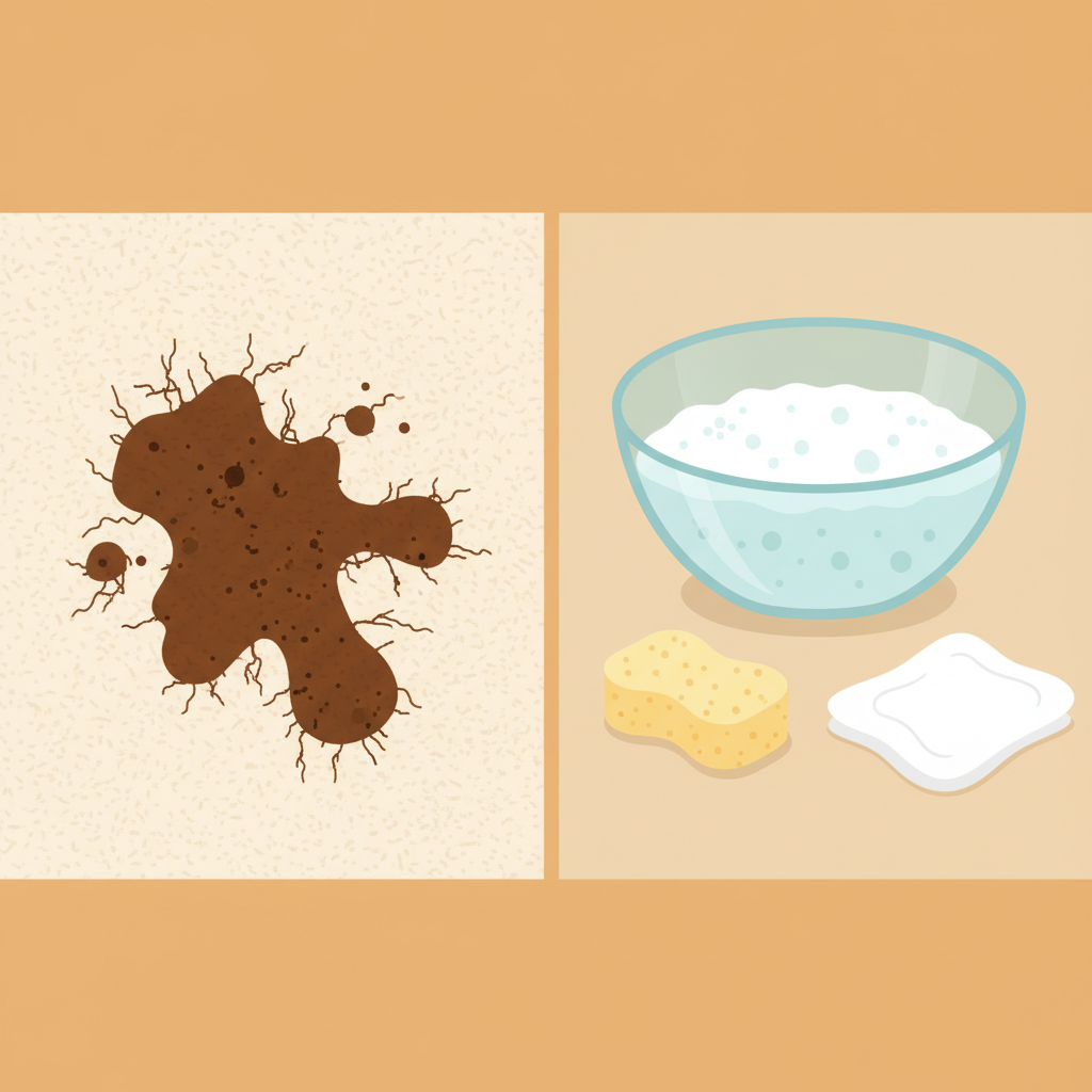 A vibrant, flat illustration depicting a conceptual side-by-side comparison. On one side, a segment of light-colored carpet shows a persistent, dark coffee stain, with subtle visual cues like tiny, dark tendrils extending into the fibers, symbolizing the deep penetration of tannins. On the other side, a simple solution is prepared: a clean mixing bowl filled with gentle soapy water (indicated by bubbles) and a soft, clean sponge or cloth nearby. The overall aesthetic is clean and informative, using a limited, warm color palette to explain the problem and a simple remedy.