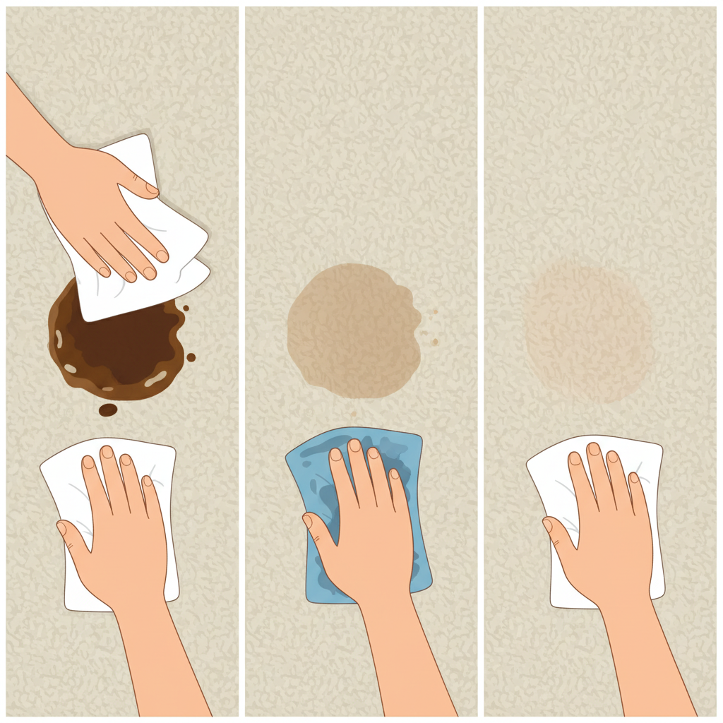 A close-up, top-down view of a light-colored carpet with a fresh, wet coffee stain. The scene is divided into three distinct panels, illustrating a sequential process. The first panel shows a hand holding a stack of white paper towels, gently dabbing the outer edge of the wet coffee stain, working inwards. The second panel depicts a hand using a blue, slightly damp cloth to carefully blot the remaining stain. The third panel shows the hand again using a clean, dry white paper towel to absorb the last bits of moisture. The overall style should be a bright, clean, step-by-step flat illustration with a focus on clear, actionable imagery.